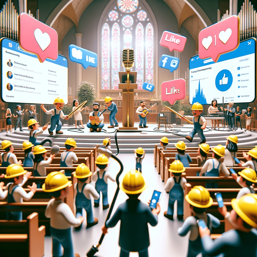 Here is the image depicting the animated characters working on digital marketing for a church.